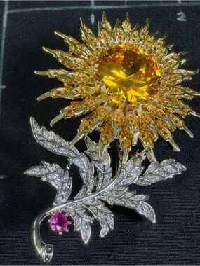 Gold Sunflower Crystal Brooch with Pink Accent
